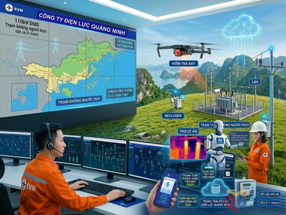 H&igrave;nh ảnh m&ocirc; phỏng việc ứng dụng AI từ c&ocirc;ng t&aacute;c dự b&aacute;o, vận h&agrave;nh đến dịch vụ kh&aacute;ch h&agrave;ng của C&ocirc;ng ty Điện lực Quảng Ninh