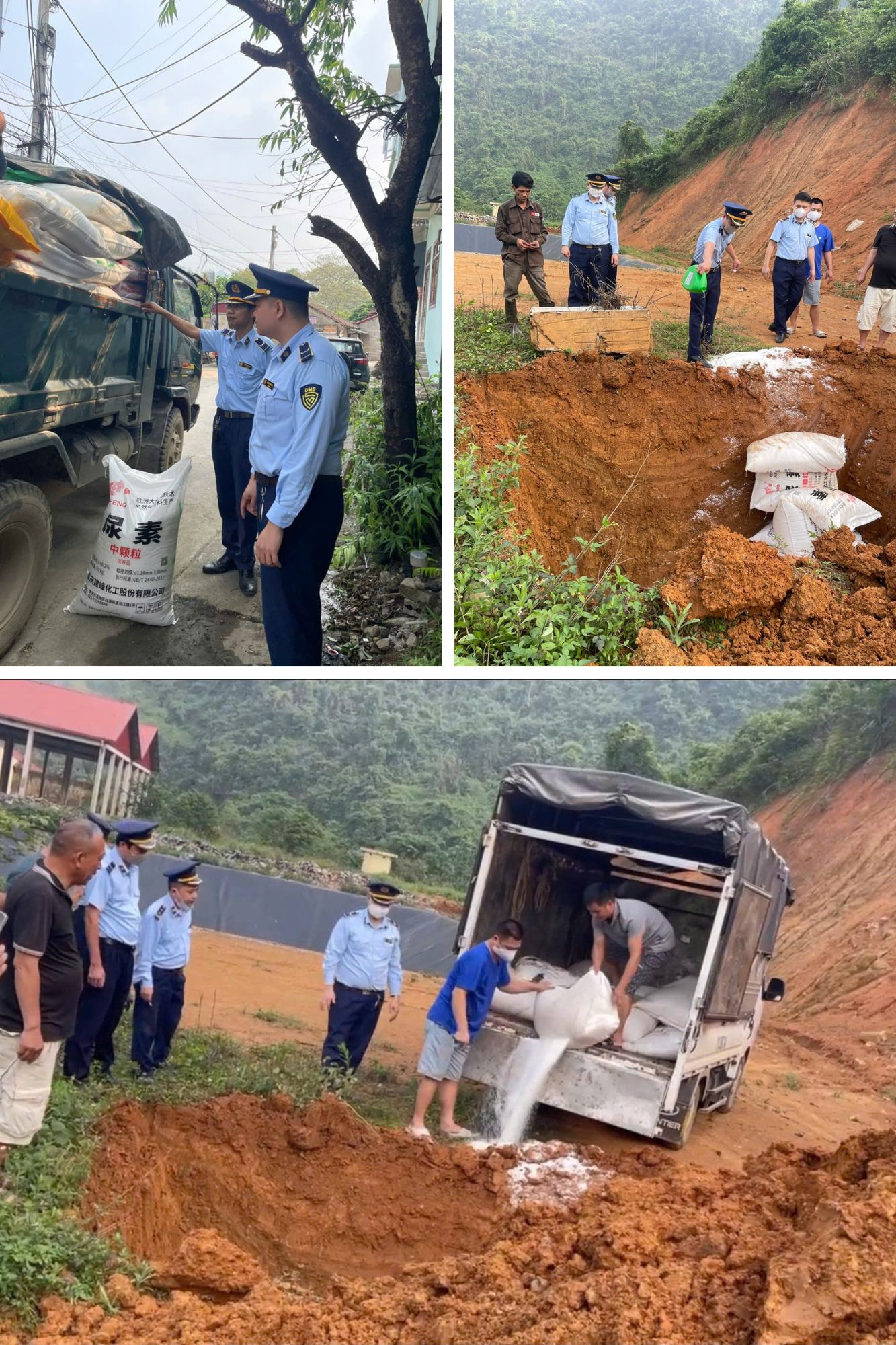 Lực lượng Quản l&yacute; thị trường tỉnh Cao Bằng phối hợp với lực lượng chức năng tiến h&agrave;nh ti&ecirc;u hủy số ph&acirc;n đạm nhập lậu. Ảnh: Đơn vị cung cấp