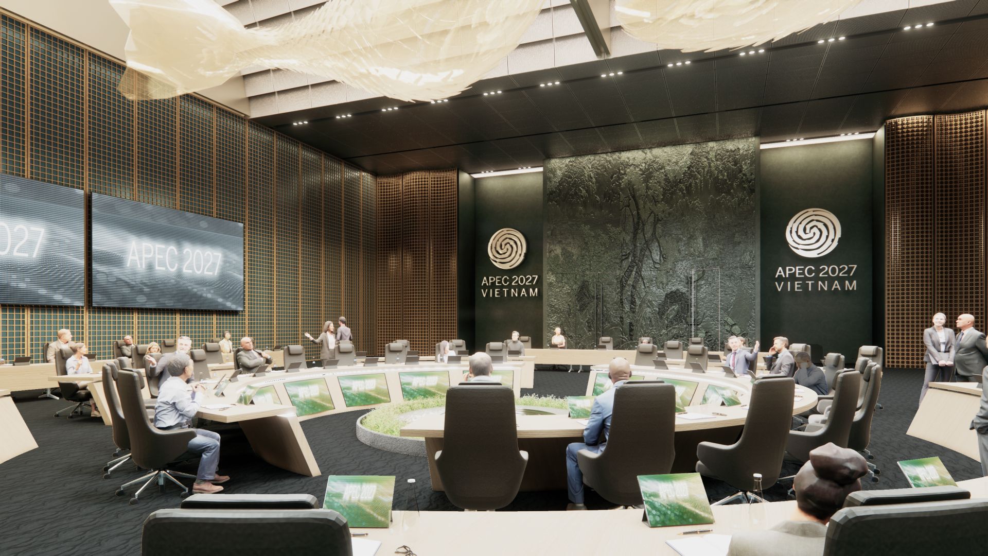 Thiết kế b&ecirc;n trong trung t&acirc;m Hội nghị APEC Ph&uacute; Quốc. Sun Group hợp t&aacute;c với những t&ecirc;n tuổi lớn tr&ecirc;n thế giới để n&acirc;ng tầm chất lượng cho c&aacute;c c&ocirc;ng tr&igrave;nh trọng điểm phục vụ APEC 2027
