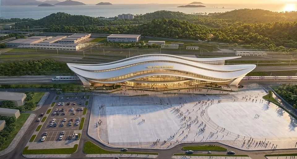 Với ga Hạ Long Station ngay kế b&ecirc;n, cư d&acirc;n v&agrave; du kh&aacute;ch tại khu ch&acirc;u Mỹ chỉ mất 23 ph&uacute;t để kết nối với H&agrave; Nội. Ảnh phối cảnh.