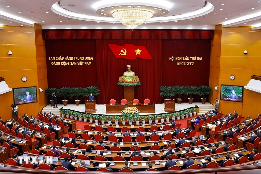 Tổng B&iacute; thư T&ocirc; L&acirc;m ph&aacute;t biểu bế mạc Hội nghị lần thứ hai Ban Chấp h&agrave;nh Trung ương Đảng kh&oacute;a XIV. (Ảnh: Thống Nhất/TTXVN)