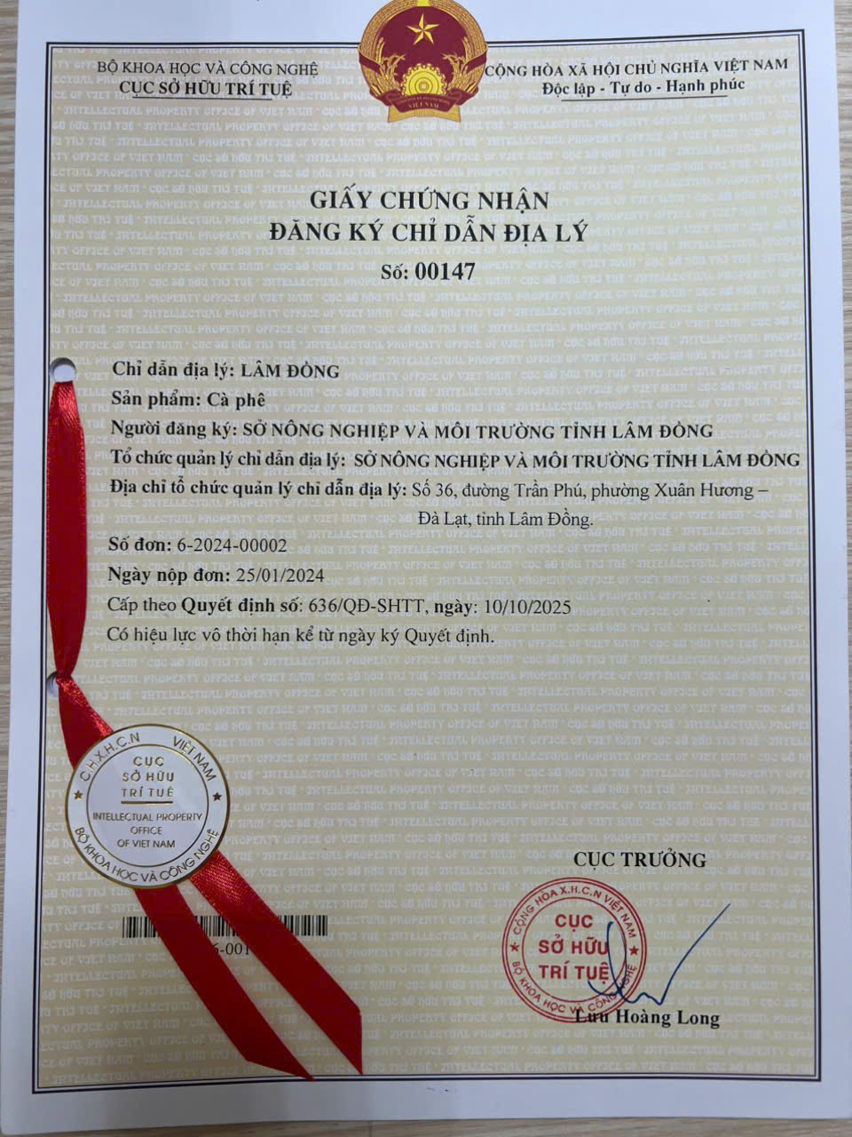 Giấy chứng nhận đăng k&yacute; Chỉ dẫn địa l&yacute; cho sản phẩm c&agrave; ph&ecirc; L&acirc;m Đồng