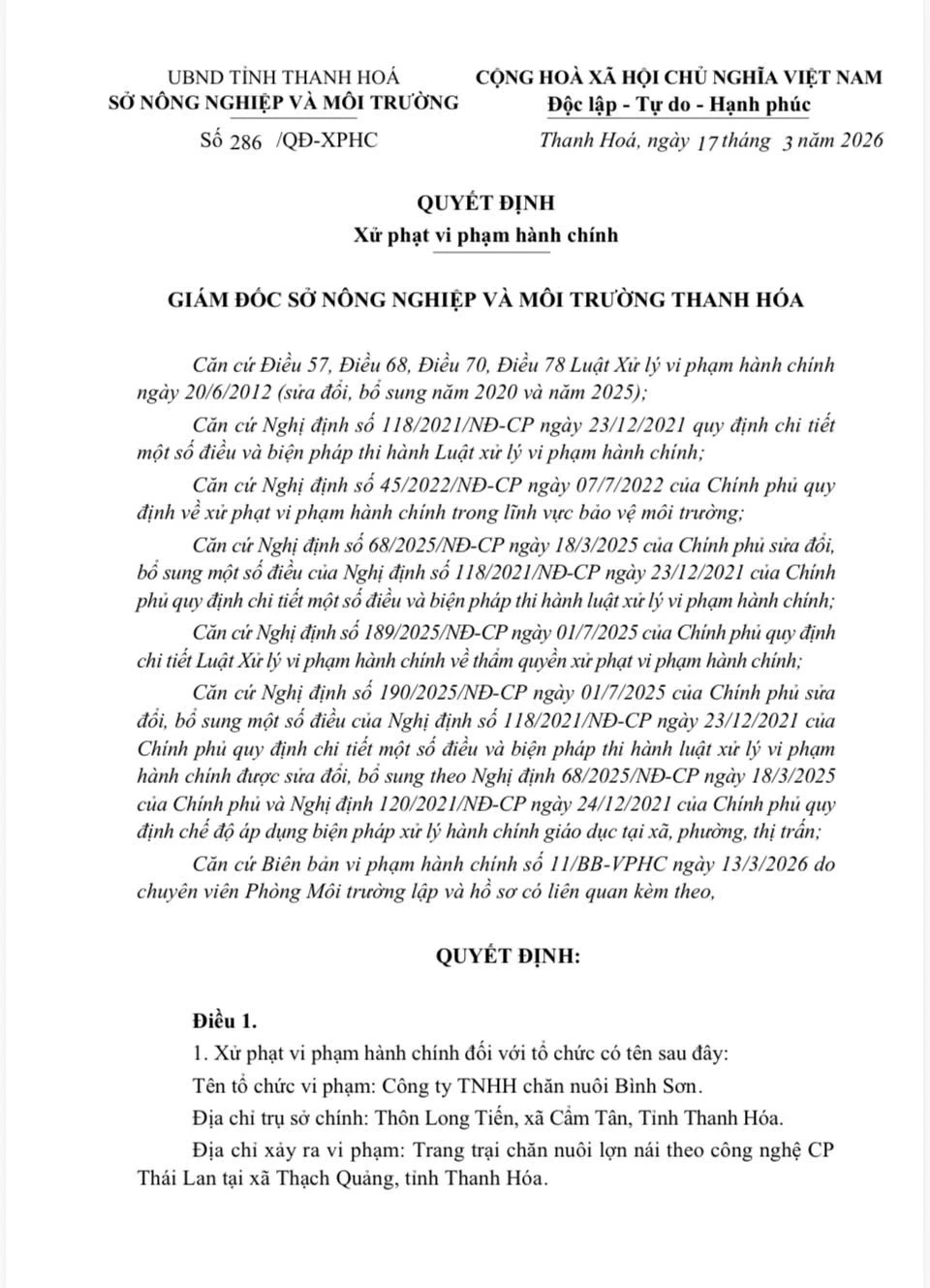Quyết định xử phạt h&agrave;nh ch&iacute;nh C&ocirc;ng ty TNHH chăn nu&ocirc;i B&igrave;nh Sơn của Sở N&ocirc;ng nghiệp v&agrave; M&ocirc;i trường Thanh H&oacute;a.