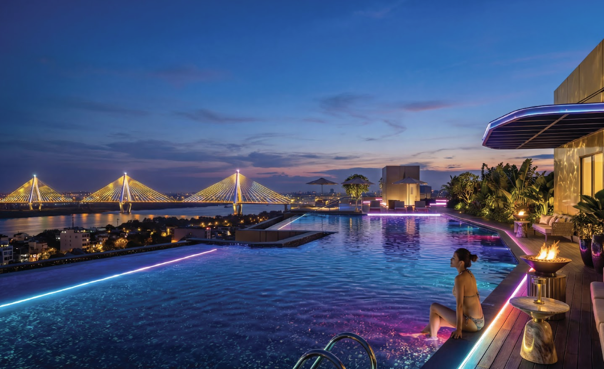 Tọa lạc tại tầng thượng, hồ bơi v&ocirc; cực ri&ecirc;ng tư d&agrave;nh cho cư d&acirc;n c&agrave;ng n&acirc;ng trải nghiệm sống l&ecirc;n một cao độ kh&aacute;c biệt