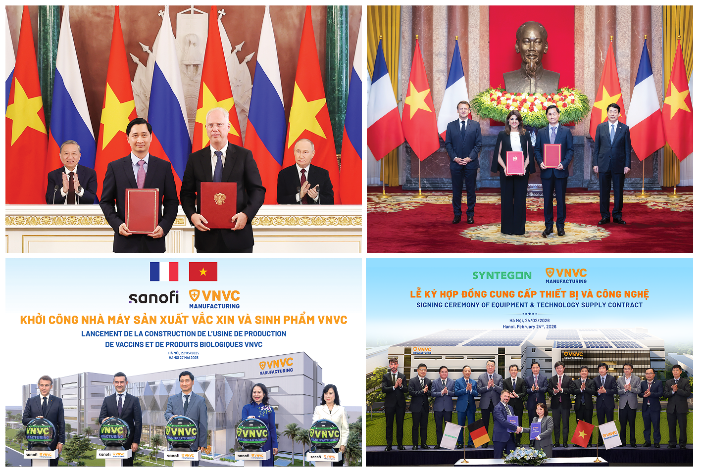 Nh&agrave; m&aacute;y Vắc xin v&agrave; Sinh phẩm VNVC đ&atilde; k&yacute; kết hợp t&aacute;c chuyển giao c&ocirc;ng nghệ với nhiều đối t&aacute;c v&agrave; đầu tư d&acirc;y chuyền sản xuất vắc xin hiện đại bậc nhất thế giới. Sự kiện khởi c&ocirc;ng nh&agrave; m&aacute;y diễn ra th&aacute;ng 5/2025 c&oacute; sự chứng kiến v&agrave; bấm n&uacute;t của Tổng thống Ph&aacute;p Emmanuel Macron