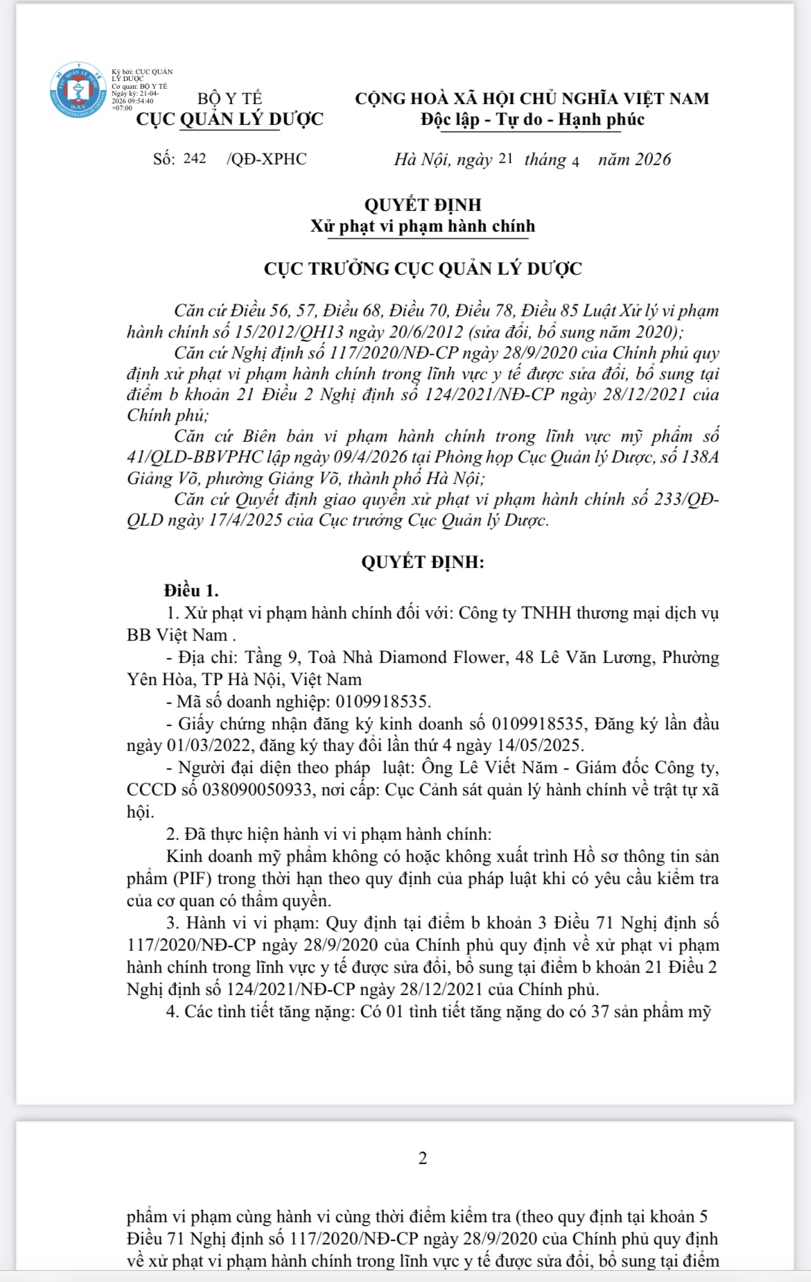 Một phần Quyết định xử phạt h&agrave;nh ch&iacute;nh đối với C&ocirc;ng ty TNHH Thương mại dịch vụ BB Việt Nam.