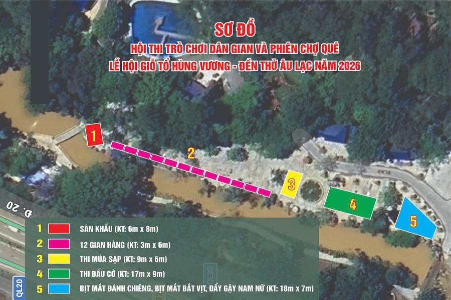 Sơ đồ bố tr&iacute; kh&ocirc;ng gian phần hội, c&aacute;c gian h&agrave;ng v&agrave; lối di chuyển phục vụ Nh&acirc;n d&acirc;n, du kh&aacute;ch