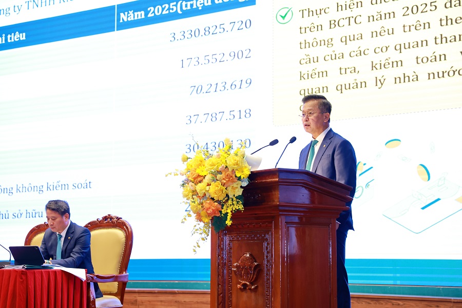 &Ocirc;ng Ho&agrave;ng Việt H&ugrave;ng - Ph&oacute; Tổng Gi&aacute;m đốc BIDV - tr&igrave;nh b&agrave;y b&aacute;o c&aacute;o tại Đại hội