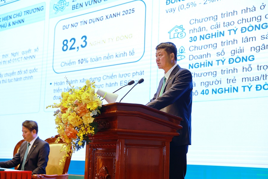 &Ocirc;ng L&ecirc; Ngọc L&acirc;m - Tổng Gi&aacute;m đốc BIDV - tr&igrave;nh b&agrave;y b&aacute;o c&aacute;o tại Đại hội