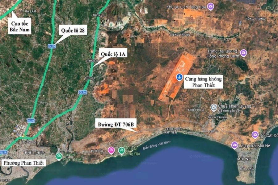 Vị tr&iacute; s&acirc;n bay Phan Thiết.