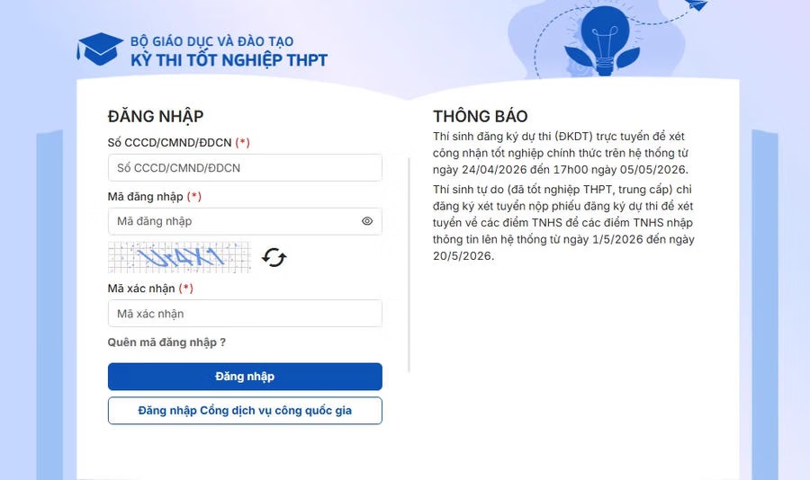 Cổng đăng k&yacute; dự thi tốt nghiệp THPT 2026.