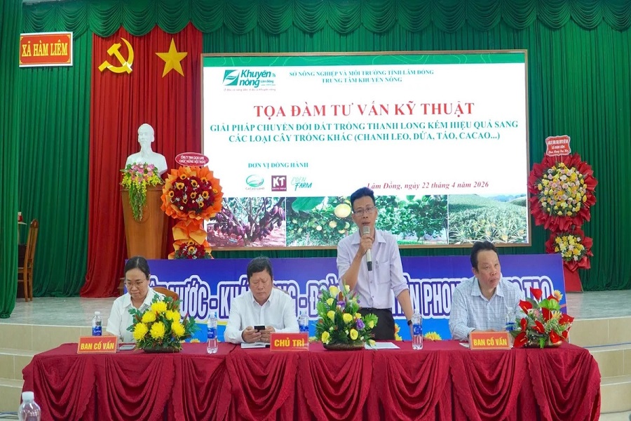 &Ocirc;ng Nguyễn Đức Thi&ecirc;n, Ph&oacute; Gi&aacute;m đốc Trung t&acirc;m Khuyến n&ocirc;ng tỉnh L&acirc;m Đồng ph&aacute;t biểu về thực trạng thanh long v&agrave; định hướng chuyển đổi c&acirc;y trồng tại tọa đ&agrave;m ở x&atilde; H&agrave;m Li&ecirc;m, tỉnh L&acirc;m Đồng. Ảnh: N.T.