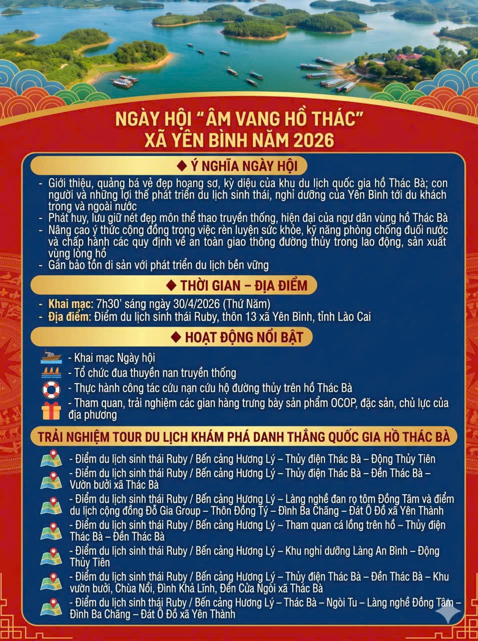 Kh&ocirc;ng gian Ng&agrave;y hội &ldquo;&Acirc;m vang hồ Th&aacute;c B&agrave; 2026&rdquo; được tổ chức b&agrave;i bản, g&oacute;p phần quảng b&aacute; h&igrave;nh ảnh du lịch sinh th&aacute;i v&agrave; văn h&oacute;a v&ugrave;ng hồ.