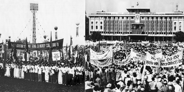 Nh&acirc;n d&acirc;n H&agrave; Nội v&agrave; S&agrave;i G&ograve;n m&iacute;t tinh ch&agrave;o mừng miền Nam ho&agrave;n to&agrave;n giải ph&oacute;ng, ng&agrave;y 15/11/1975. Ảnh tư liệu