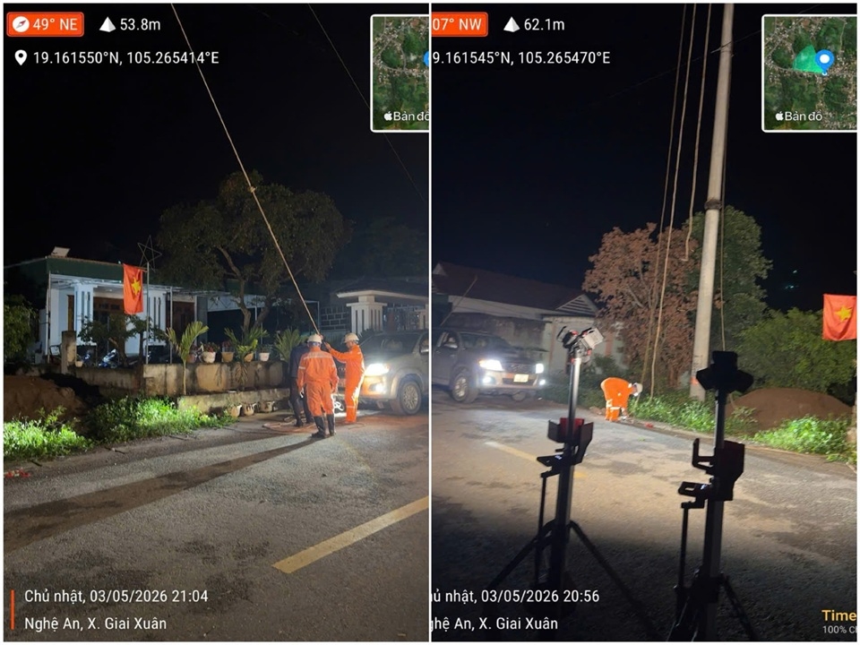 Trong đ&ecirc;m tối, CBCNV C&ocirc;ng ty Điện lực Nghệ An nỗ lực, khẩn trương khắc phục sự cố tại x&atilde; Giai Xu&acirc;n, tỉnh Nghệ An để sớm cấp điện trở lại phục vụ người d&acirc;n