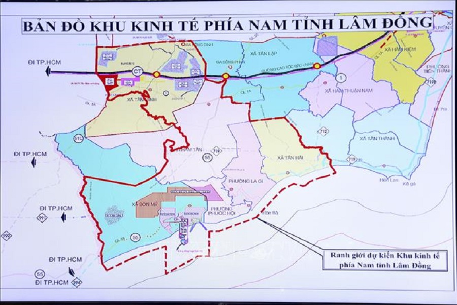 Bản đồ dự kiến th&agrave;nh lập Khu kinh tế ven biển ph&iacute;a Nam của tỉnh L&acirc;m Đồng.
