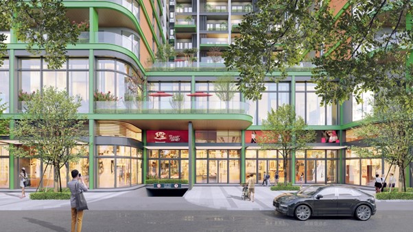 Hệ thống shophouse sầm uất ở ch&acirc;n khối đế đ&aacute;p ứng mọi nhu cầu mua sắm v&agrave; giải tr&iacute; của cư d&acirc;n FourS Tower. Ảnh: Sun Property