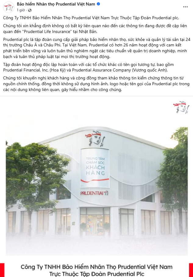 Vô tình bị “vạ lây”, Prudential Việt Nam lên tiếng đính chính trên trang Fanpage chính thức của công ty Vô tình bị “vạ lây”, Prudential Việt Nam lên tiếng đính chính trên trang Fanpage chính thức của công ty