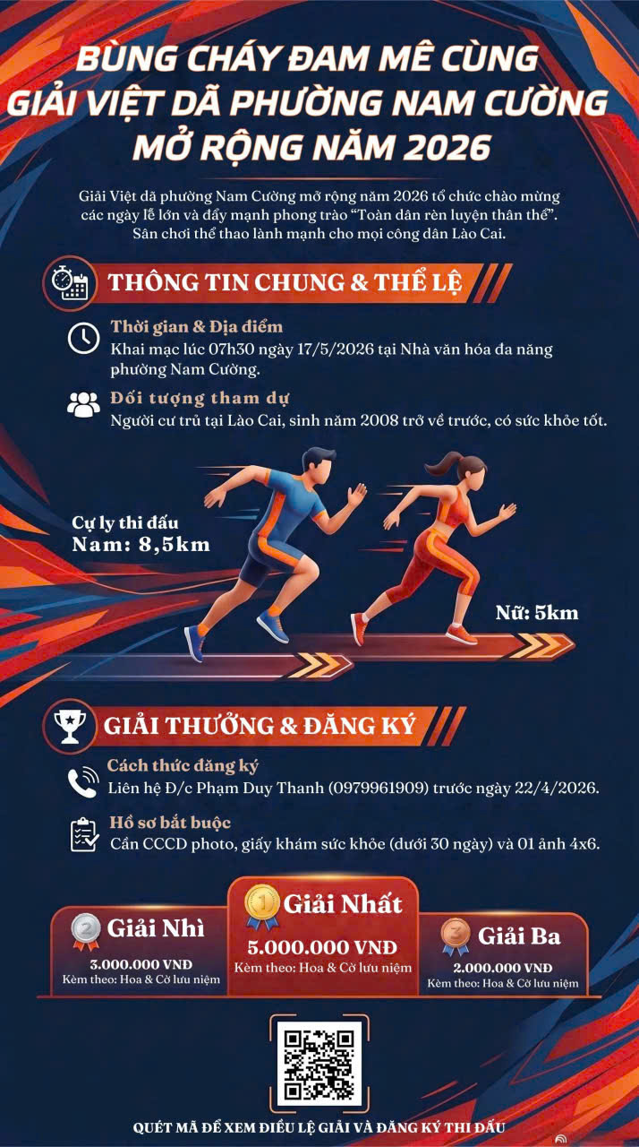 Poster tuy&ecirc;n truyền Giải Việt d&atilde; phường Nam Cường mở rộng năm 2026 với th&ocirc;ng tin về thời gian, thể lệ v&agrave; cơ cấu giải thưởng.