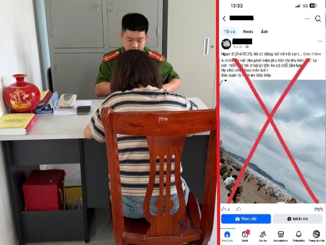 C&ocirc;ng an phường Cửa L&ograve; xử l&yacute; một trường hợp vi phạm khi ph&aacute;t t&aacute;n th&ocirc;ng tin sai lệch về du lịch Cửa L&ograve;.
