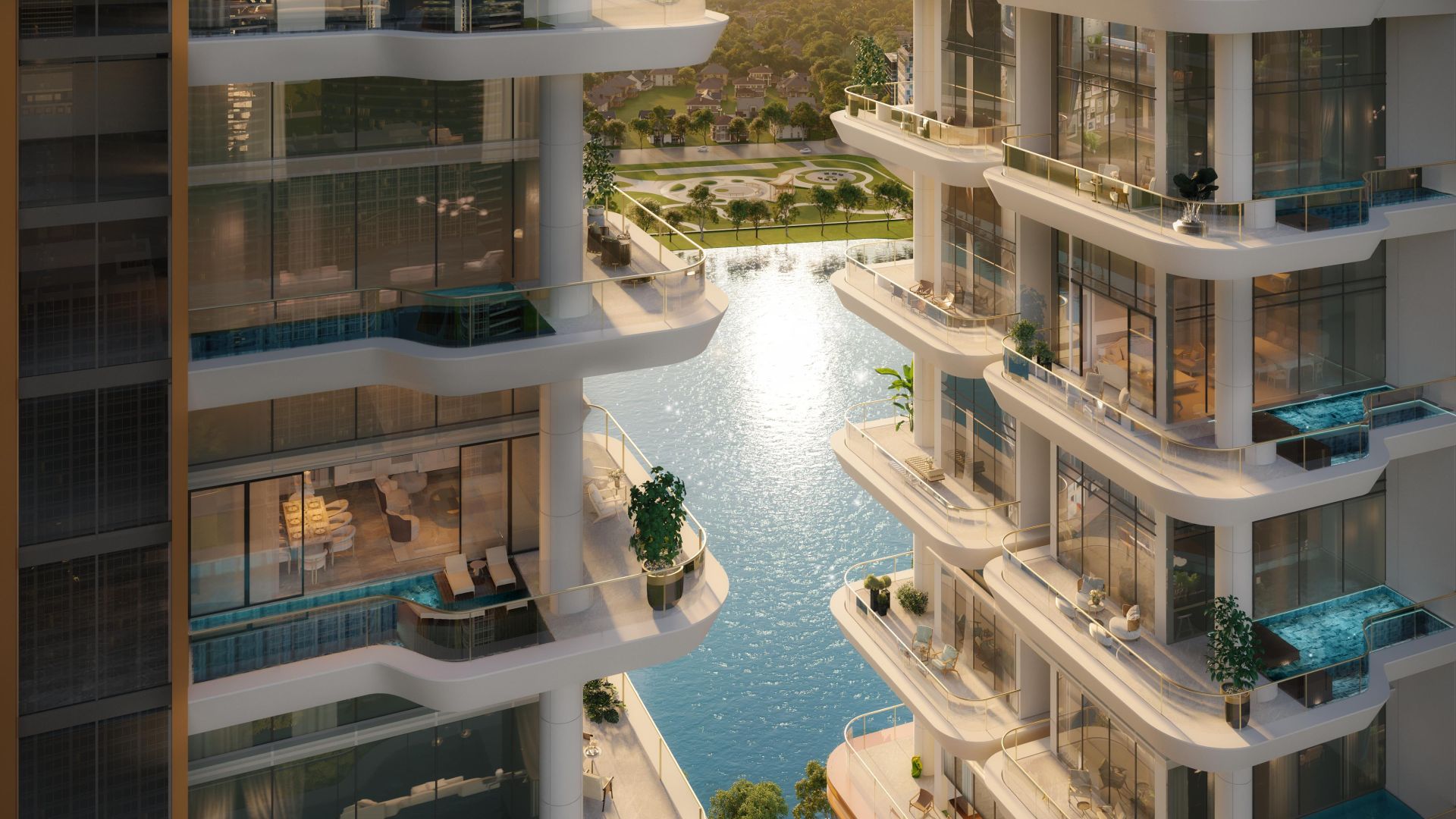Hệ mặt đứng Rivea Residences được xử l&yacute; bằng c&aacute;c lớp ban c&ocirc;ng, đường cong v&agrave; mảng xanh đan xen