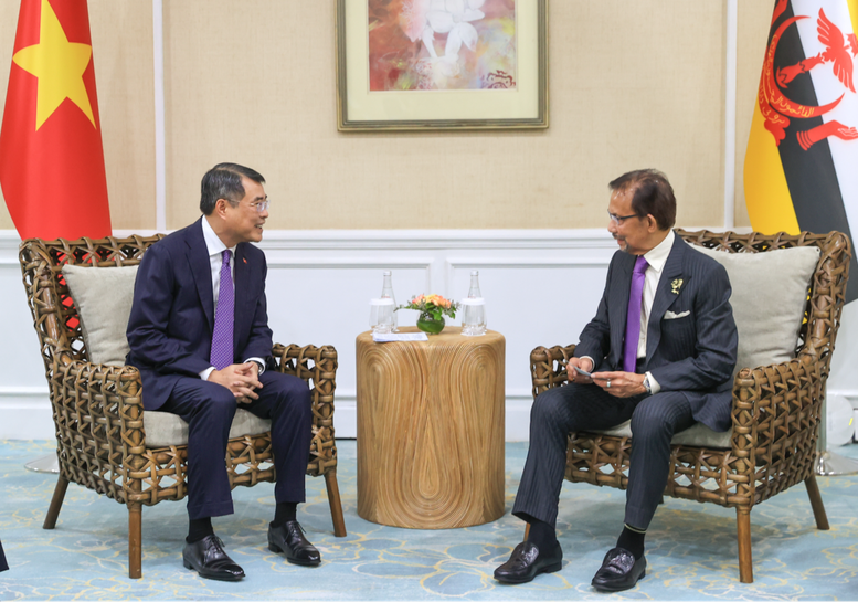 Thủ tướng Ch&iacute;nh phủ L&ecirc; Minh Hưng tiếp x&uacute;c song phương với Quốc vương Brunei Haji Hassanal Bolkiah - Ảnh: VGP/Nhật Bắc