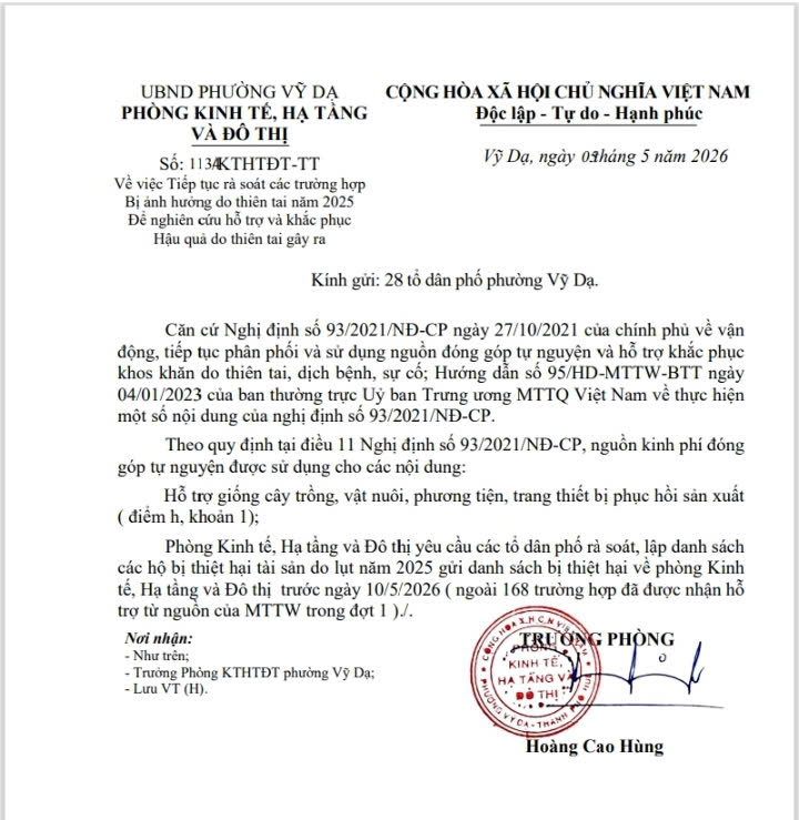 Phường Vỹ Dạ th&ocirc;ng b&aacute;o hỗ trợ chủ yếu cho n&ocirc;ng d&acirc;n