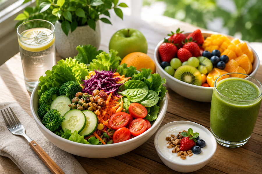Rau xanh v&agrave; tr&aacute;i c&acirc;y l&agrave; nguồn bổ sung chất xơ, vitamin v&agrave; kho&aacute;ng chất cần thiết cho cơ thể v&agrave;o đầu ng&agrave;y.