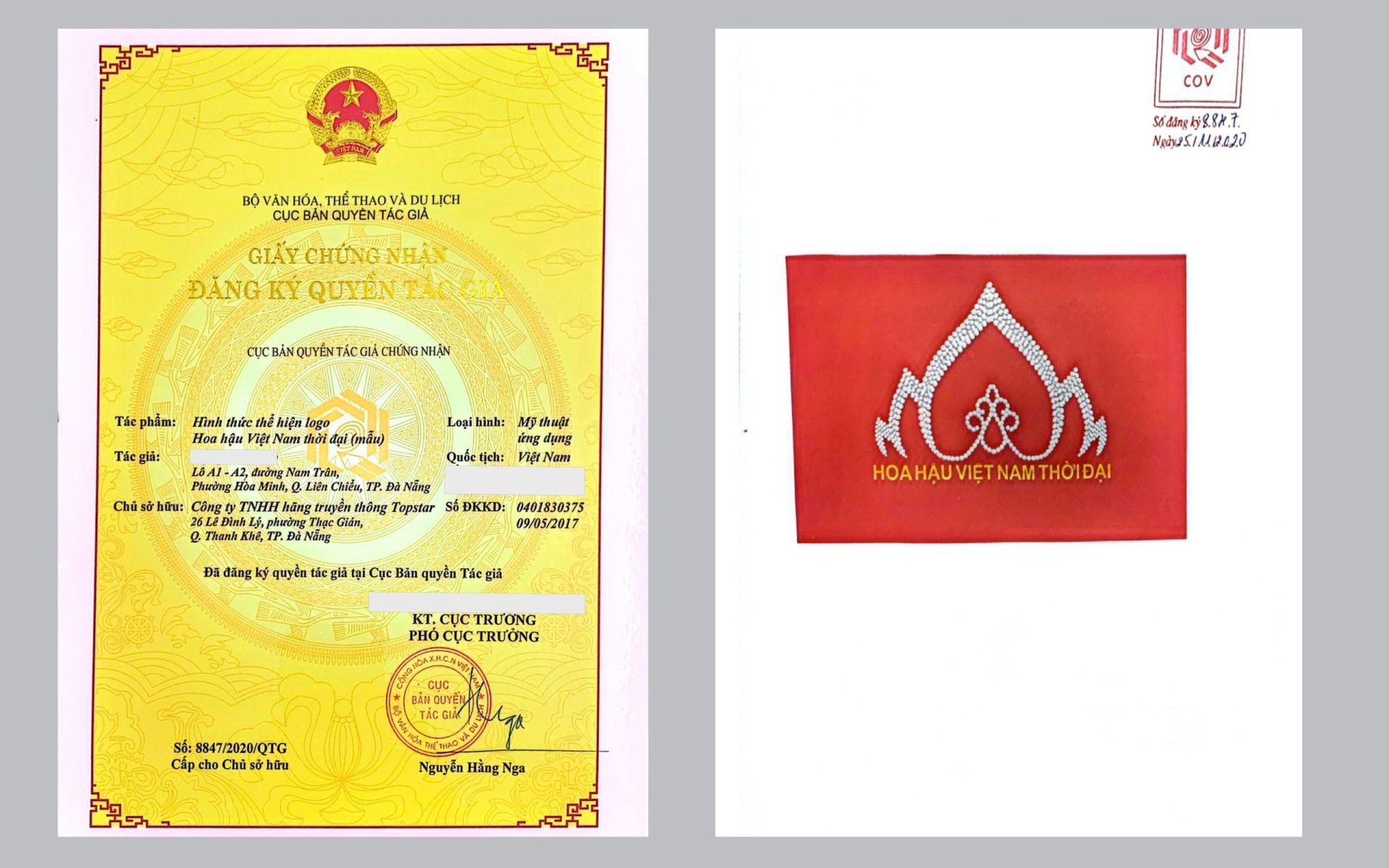 Giấy chứng nhận đăng k&yacute; bản quyền v&agrave; logo của cuộc thi do Cục Bản quyền t&aacute;c giả, Bộ Văn ho&aacute;, thể thao v&agrave; Du lịch cấp