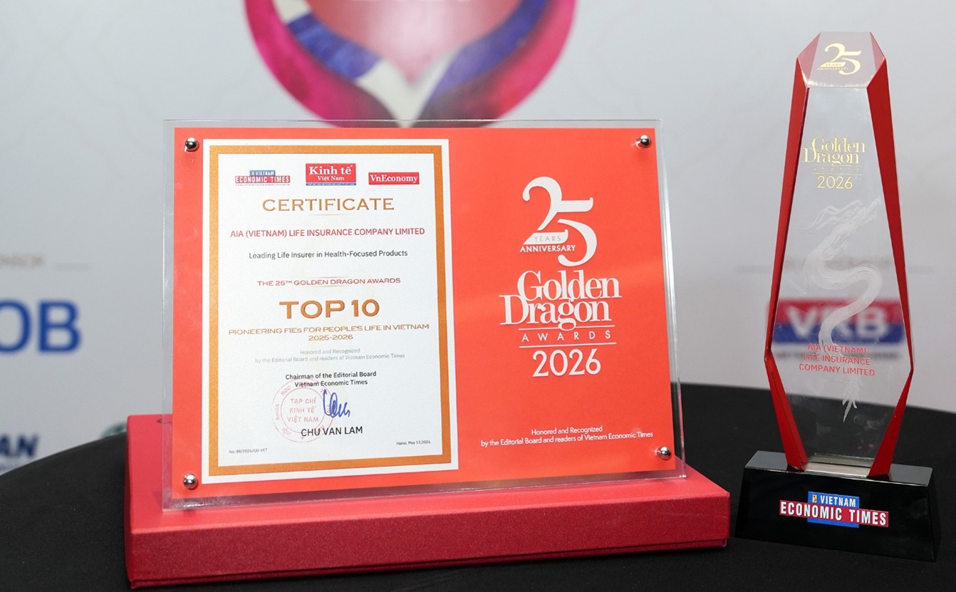 AIA Việt Nam được vinh danh Top 10 Doanh nghiệp vì Cuộc sống Cộng đồng 2025 – 2026 với danh hiệu “Doanh nghiệp bảo hiểm nhân thọ dẫn đầu về các sản phẩm sống khỏe” AIA Việt Nam được vinh danh Top 10 Doanh nghiệp vì Cuộc sống Cộng đồng 2025 – 2026 với danh hiệu “Doanh nghiệp bảo hiểm nhân thọ dẫn đầu về các sản phẩm sống khỏe”
