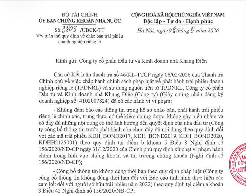 Một phần văn bản của Ủy Ban Chứng khoán Nhà nước chỉ ra sai phạm của Khang Điền Một phần văn bản của Ủy Ban Chứng khoán Nhà nước chỉ ra sai phạm của Khang Điền