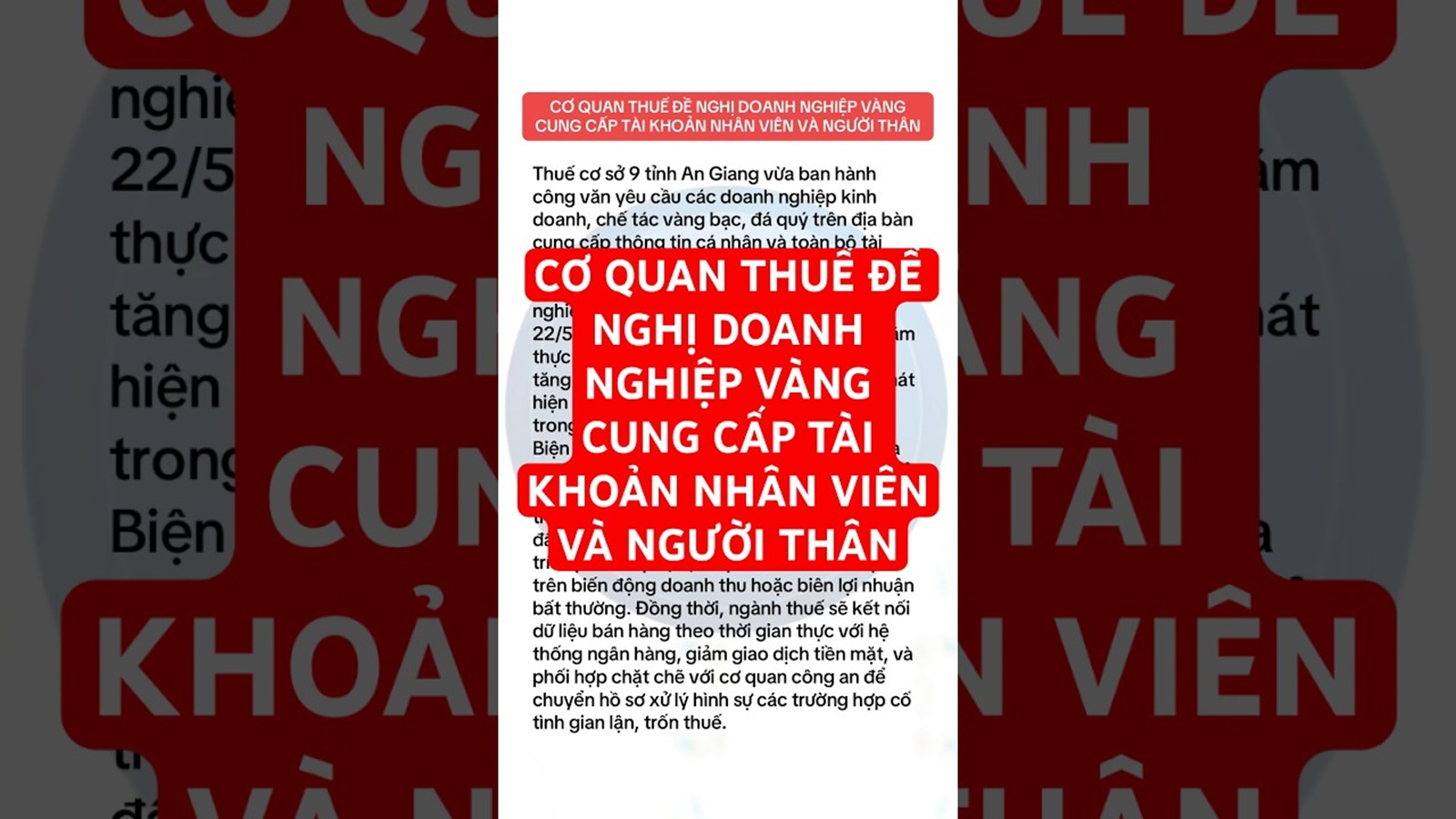 Cơ quan thuế An Giang yêu cầu doanh nghiệp vàng bạc cung cấp tài khoản ngân hàng của nhân viên và người thân chủ tiệm