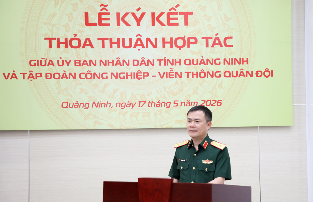 &Ocirc;ng T&agrave;o Đức Thắng, Ủy vi&ecirc;n Trung ương Đảng, Chủ tịch ki&ecirc;m Tổng Gi&aacute;m đốc điều h&agrave;nh Tập đo&agrave;n C&ocirc;ng nghiệp - Viễn th&ocirc;ng Qu&acirc;n đội, ph&aacute;t biểu tại buổi lễ