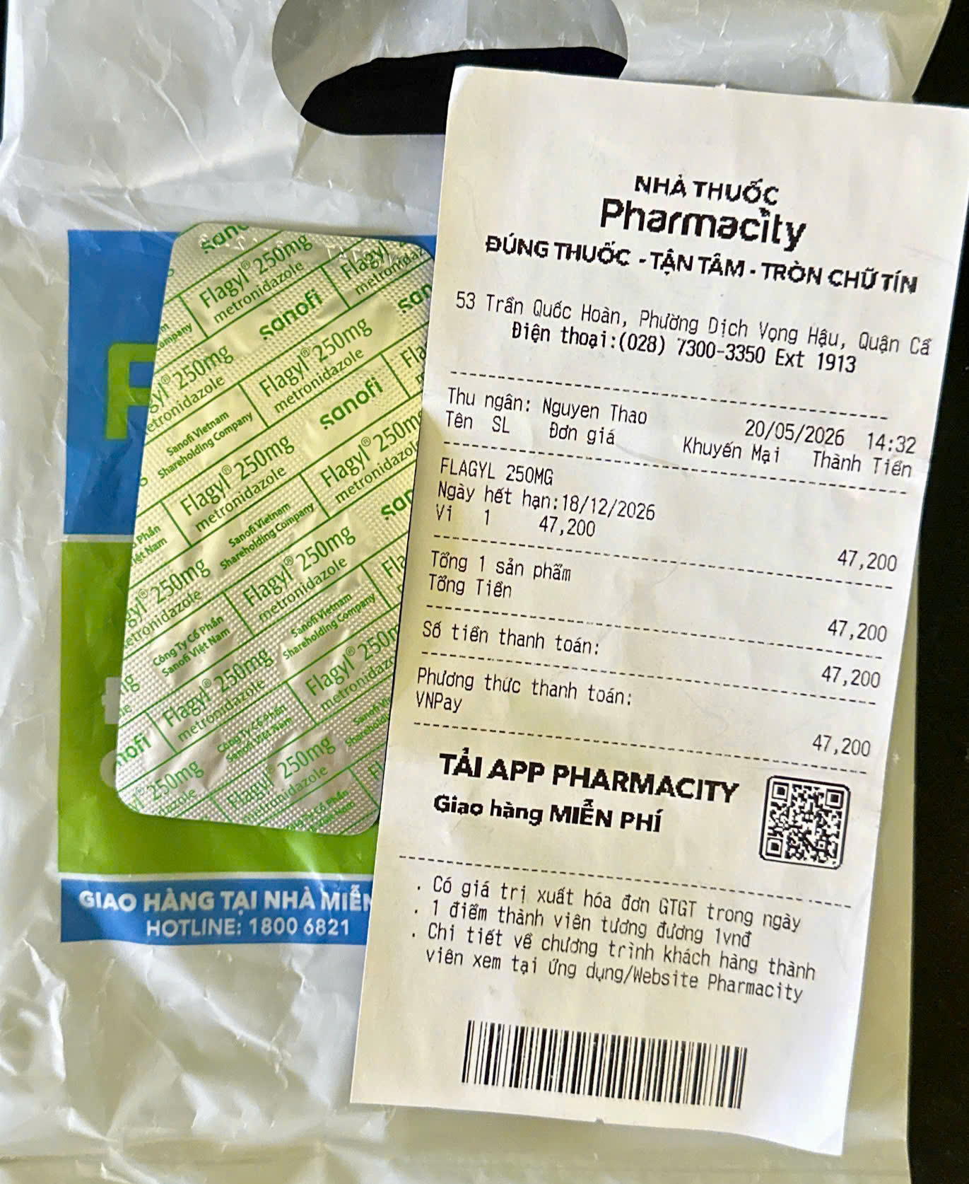 Tại Nhà thuốc Pharmacity số 53 Trần Quốc Hoàn, thuốc Flagyl bán lẻ không ghi rõ hàm lượng, hướng dẫn sử dụng cho người dùng Tại Nhà thuốc Pharmacity số 53 Trần Quốc Hoàn, thuốc Flagyl bán lẻ không ghi rõ hàm lượng, hướng dẫn sử dụng cho người dùng