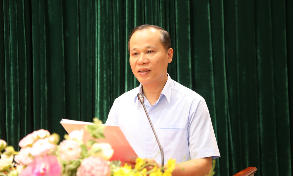 Đồng ch&iacute; Mai Sơn, Ph&oacute; B&iacute; thư Thường trực Đảng ủy, Ph&oacute; Chủ tịch Thường trực UBND tỉnh b&aacute;o c&aacute;o tại hội nghị.