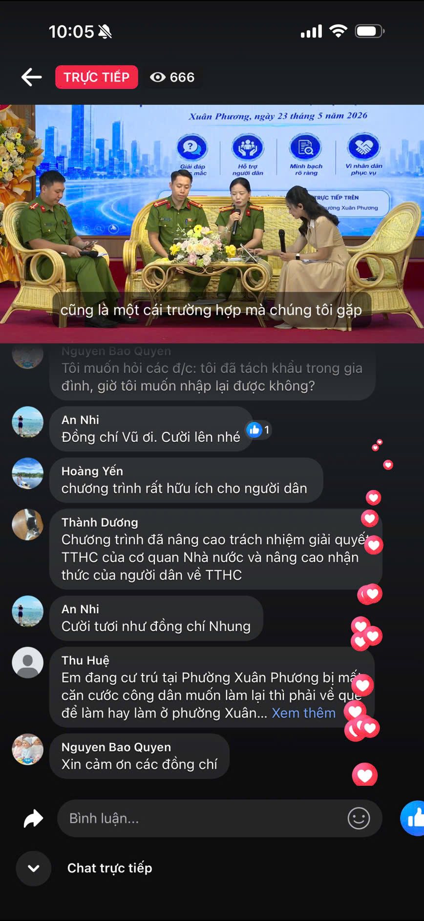 Buổi livestream giải đ&aacute;p thủ tục h&agrave;nh ch&iacute;nh của phường Xu&acirc;n Phương thu h&uacute;t đ&ocirc;ng đảo người d&acirc;n theo d&otilde;i, đặt c&acirc;u hỏi trực tiếp về cư tr&uacute;, căn cước c&ocirc;ng d&acirc;n v&agrave; c&aacute;c dịch vụ c&ocirc;ng trực tuyến.