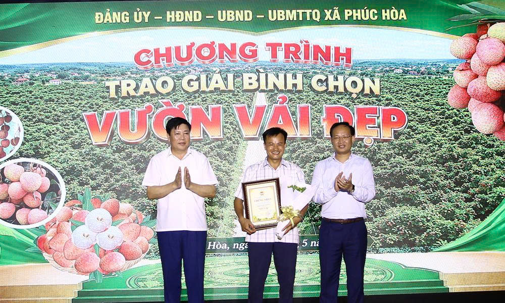 Đồng chí Phạm Văn Thịnh cùng đại biểu trao chứng nhận cho anh Ngô Văn Cường, chủ nhân vườn vải đoạt giải Nhất cuộc thi vườn vải đẹp. Đồng chí Phạm Văn Thịnh cùng đại biểu trao chứng nhận cho anh Ngô Văn Cường, chủ nhân vườn vải đoạt giải Nhất cuộc thi vườn vải đẹp.
