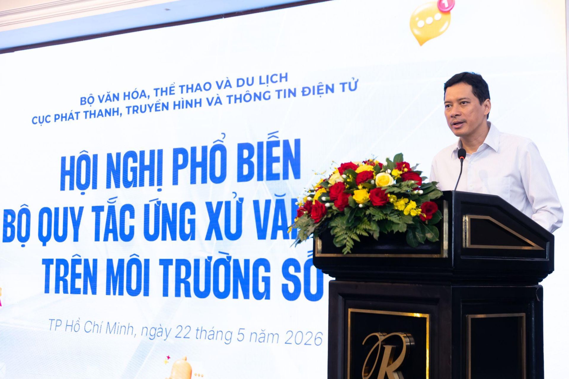 &Ocirc;ng L&ecirc; Quang Tự Do - Cục trưởng Cục Ph&aacute;t thanh, truyền h&igrave;nh v&agrave; th&ocirc;ng tin điện tử ph&aacute;t biểu khai mạc tại Hội nghị phổ biến Quy tắc ứng xử văn h&oacute;a tr&ecirc;n m&ocirc;i trường số do Cục Ph&aacute;t thanh, Truyền h&igrave;nh v&agrave; Th&ocirc;ng tin điện tử, Bộ Văn h&oacute;a, Thể thao v&agrave; Du lịch tổ chức ng&agrave;y 22/5