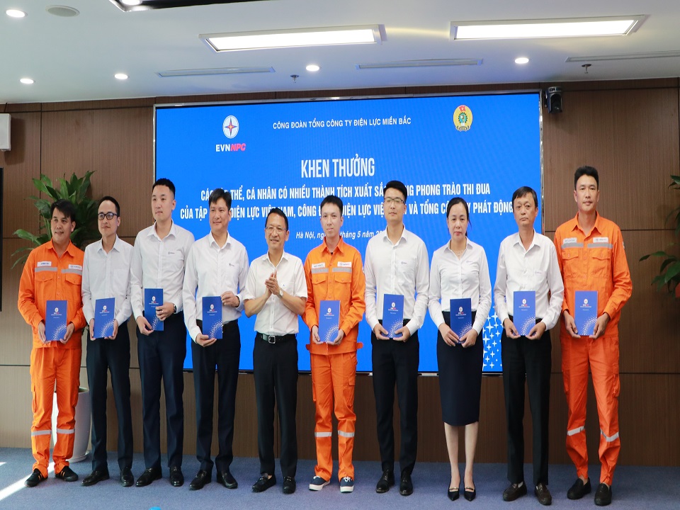 Anh Vũ Việt Hồng (người đứng thứ 4 từ tr&aacute;i sang phải) được Tổng c&ocirc;ng ty Điện lực miền Bắc khen thưởng v&igrave; đ&atilde; c&oacute; th&agrave;nh t&iacute;ch trong phong tr&agrave;o thi đua 2.700 s&aacute;ng kiến của EVNNPC