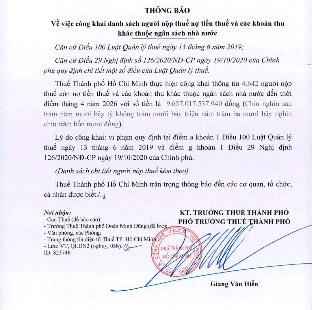 Th&ocirc;ng b&aacute;o mới nhất của Thuế TP. HCM li&ecirc;n quan đến danh s&aacute;ch gần 4.650 M88 tỷ lệ kèo World Cup 2026 c&ograve;n nợ tiền thuế v&agrave; c&aacute;c khoản thu kh&aacute;c thuộc ng&acirc;n s&aacute;ch nh&agrave; nước t&iacute;nh đến th&aacute;ng 4/2026