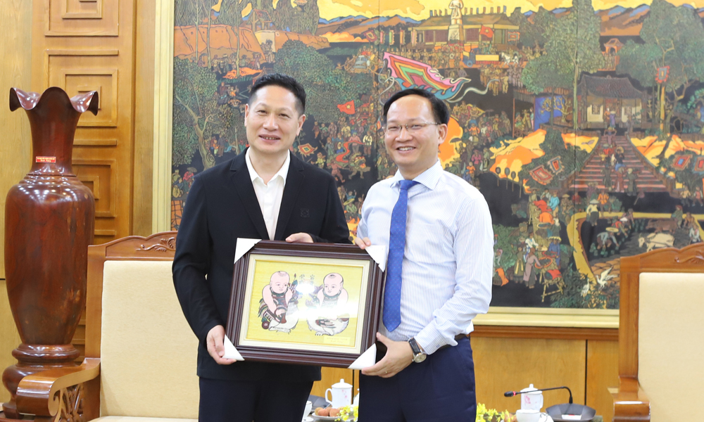 Ph&oacute; Chủ tịch UBND tỉnh Phạm Văn Thịnh tặng tranh d&acirc;n gian Đ&ocirc;ng Hồ cho &ocirc;ng B&agrave;ng Cương Ch&iacute;, Chủ tịch Tập đo&agrave;n Anxin.