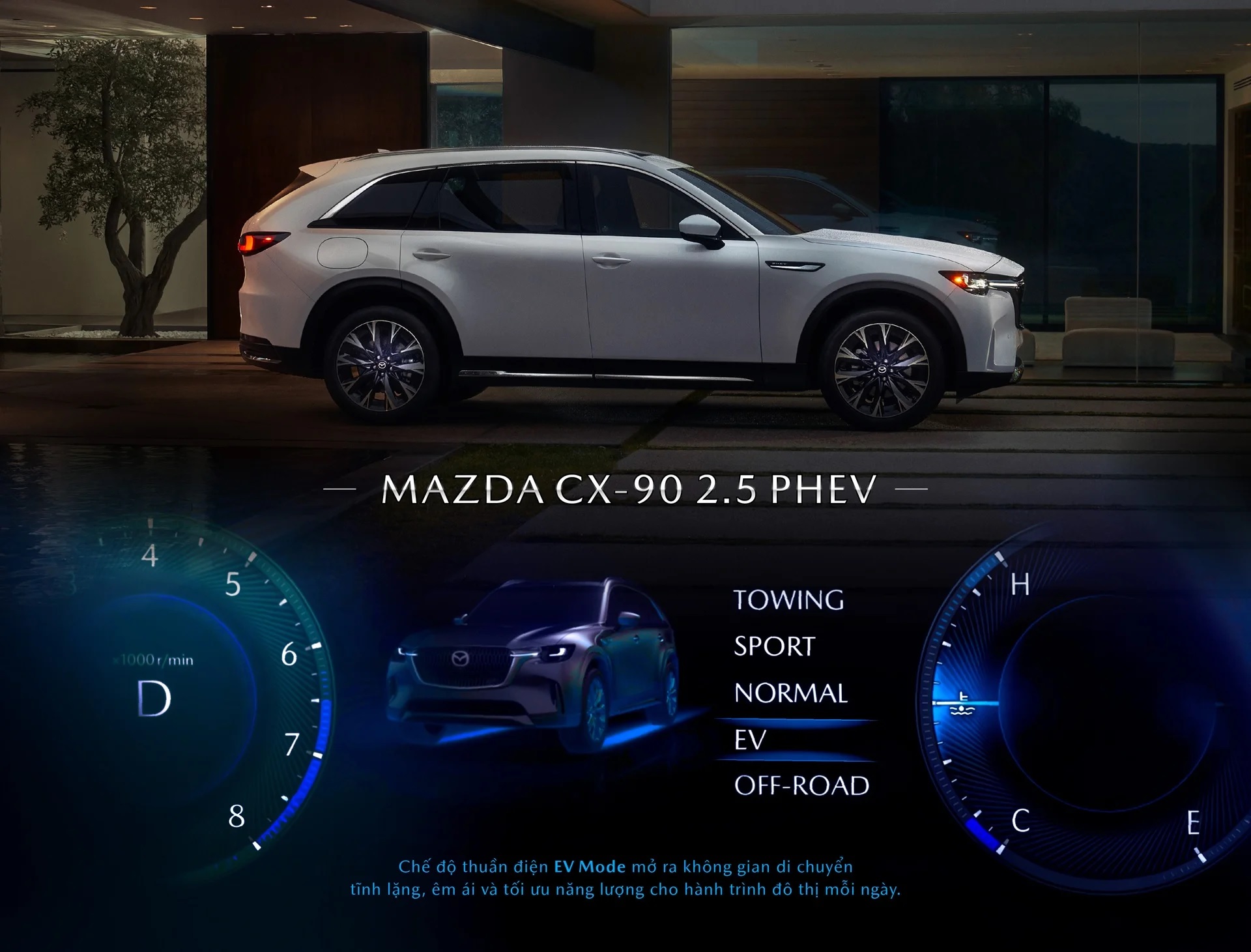 Mazda CX-90 2.5 PHEV với chế độ di chuyển thuần điện EV Mode trong đô thị mỗi ngày. Mazda CX-90 2.5 PHEV với chế độ di chuyển thuần điện EV Mode trong đô thị mỗi ngày.