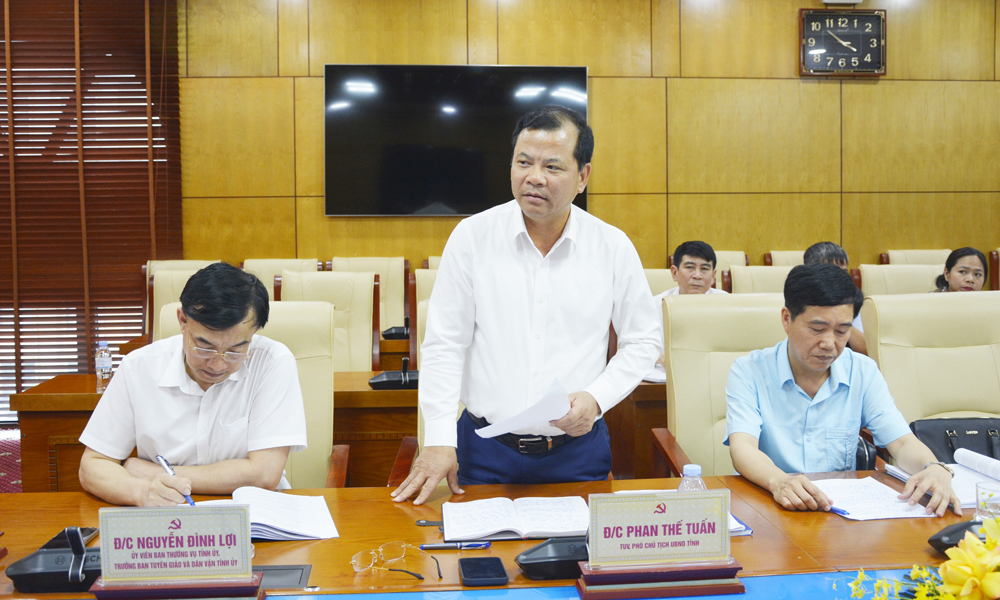 Đồng ch&iacute; Phan Thế Tuấn, Ph&oacute; Chủ tịch UBND tỉnh ph&aacute;t biểu tại buổi l&agrave;m việc.
