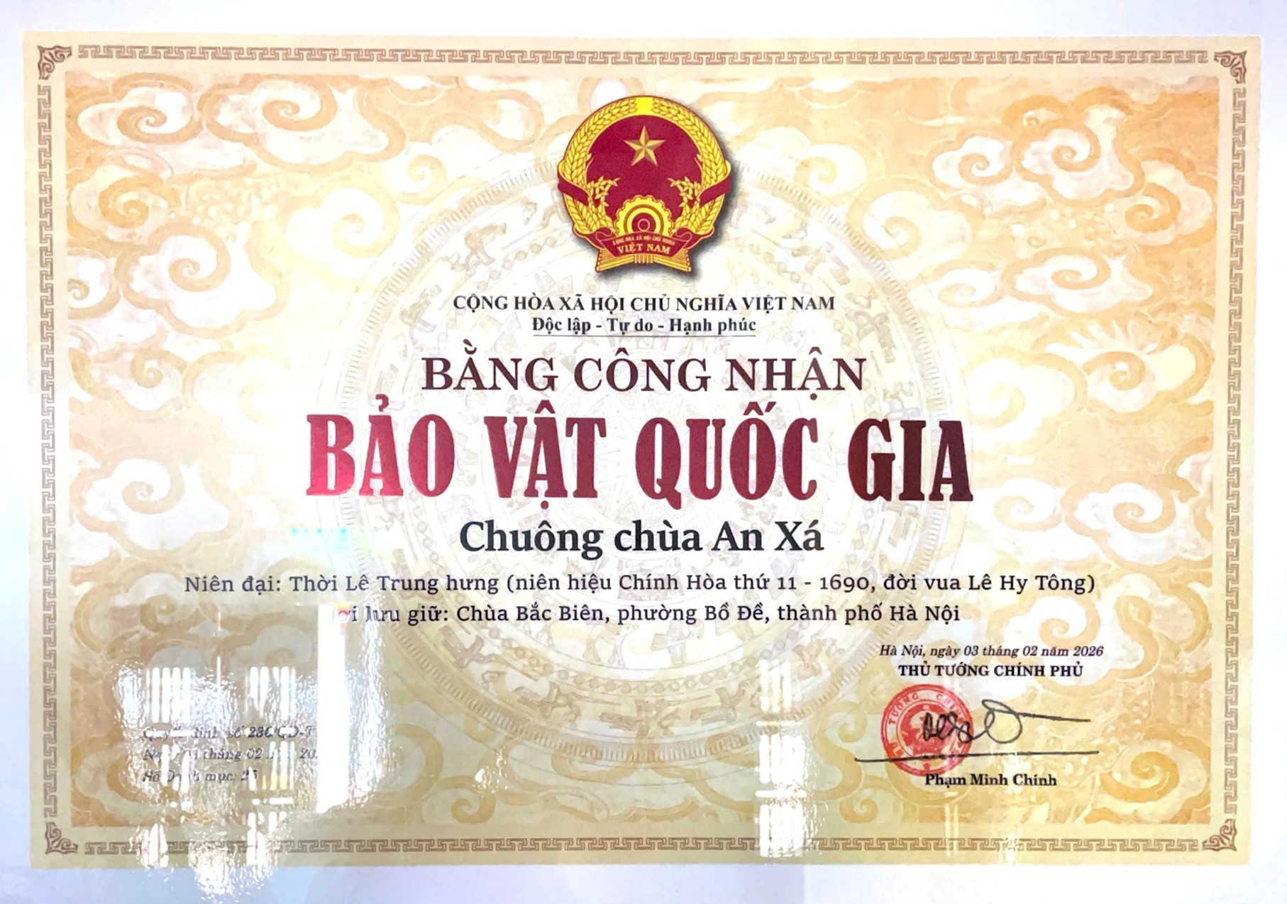 Ngày 3/2/2026, Thủ tướng Chính phủ đã ký Quyết định số 236/QĐ-TTg, công nhận chuông chùa An Xá (Bắc Biên) là Bảo vật Quốc gia Ngày 3/2/2026, Thủ tướng Chính phủ đã ký Quyết định số 236/QĐ-TTg, công nhận chuông chùa An Xá (Bắc Biên) là Bảo vật Quốc gia