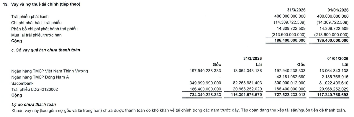 LDG đang ph&aacute;t sinh nợ qu&aacute; hạn chưa thanh to&aacute;n tại thời điểm 31/3/2026.