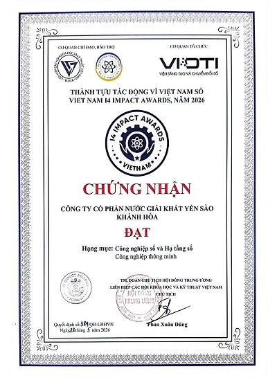 C&ocirc;ng ty Cổ phần Nước giải kh&aacute;t Yến s&agrave;o Kh&aacute;nh H&ograve;a vinh dự được vinh danh tại hạng mục C&ocirc;ng nghiệp số v&agrave; Hạ tầng số tại Lễ biểu dương Th&agrave;nh tựu T&aacute;c động v&igrave; Việt Nam &ndash; I4 Impact Awards 2026,