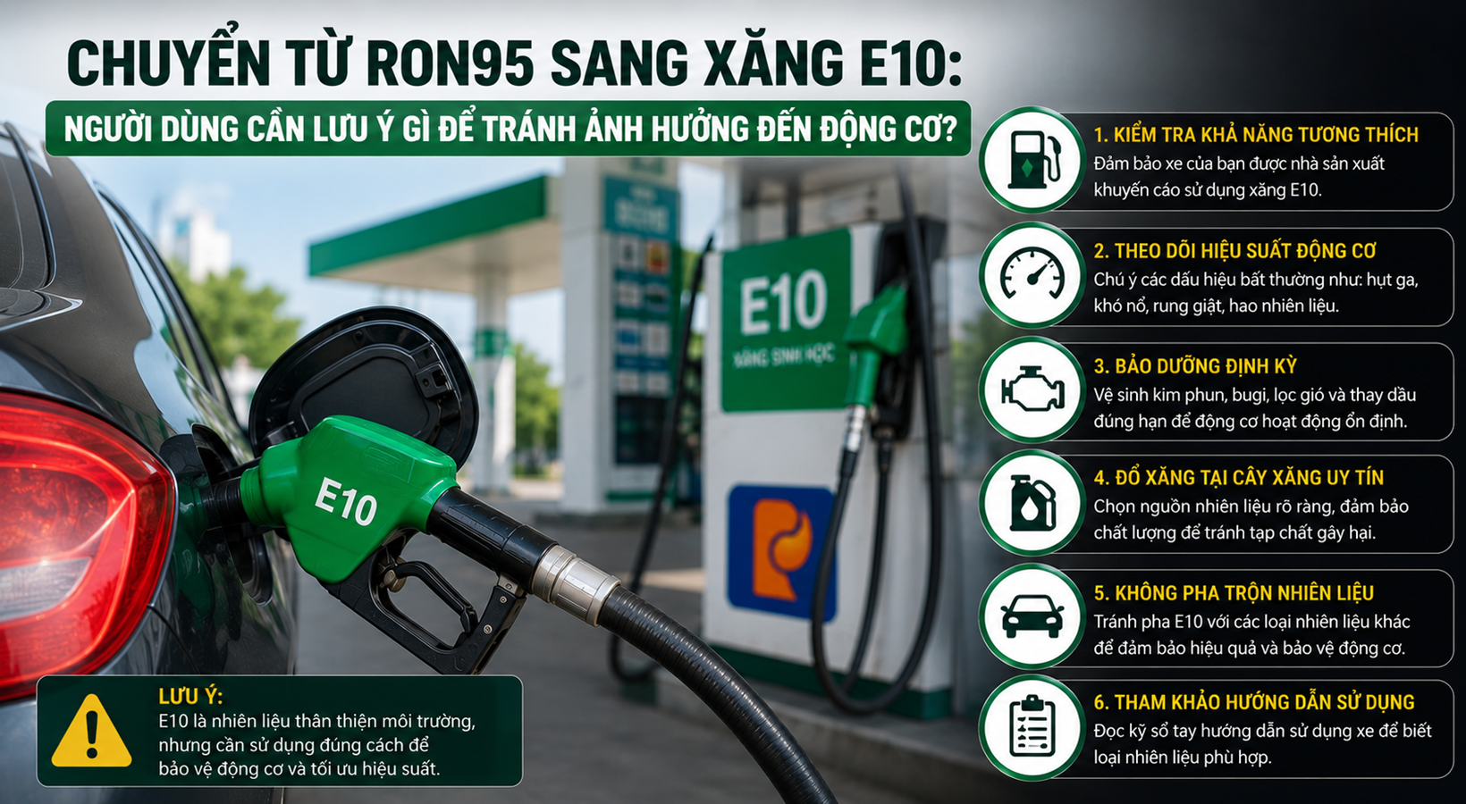 Trong lần đầu đổ xăng E10, người d&ugrave;ng n&ecirc;n lưu &yacute; một số điều sau nhằm đảm bảo phương tiện vận h&agrave;nh ổn định