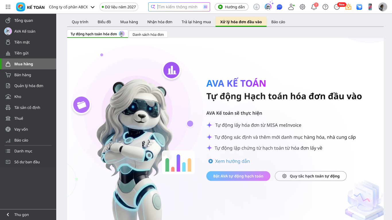 MISA AVA Kế to&aacute;n l&agrave; trợ l&yacute; AI tr&ecirc;n phần mềm kế to&aacute;n MISA, hỗ trợ tự động hạch to&aacute;n h&oacute;a đơn đầu v&agrave;o v&agrave; giảm tải c&ocirc;ng việc nhập liệu cho kế to&aacute;n.