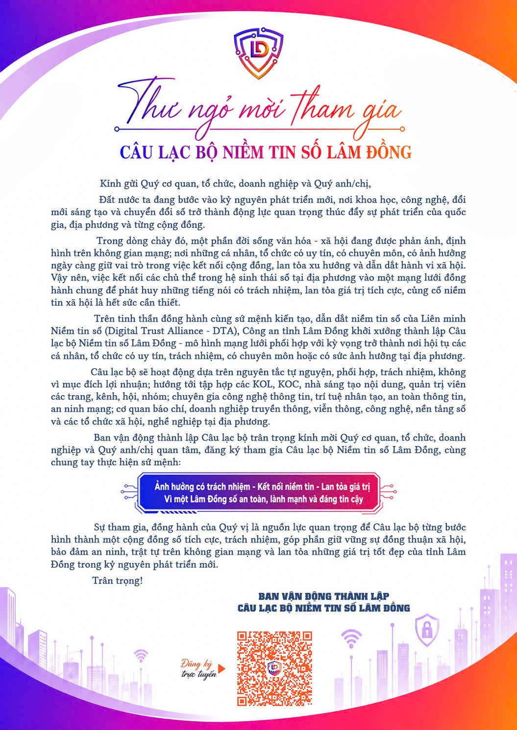 Thư ngỏ mời tham gia C&acirc;u lạc bộ Niềm tin số L&acirc;m Đồng
