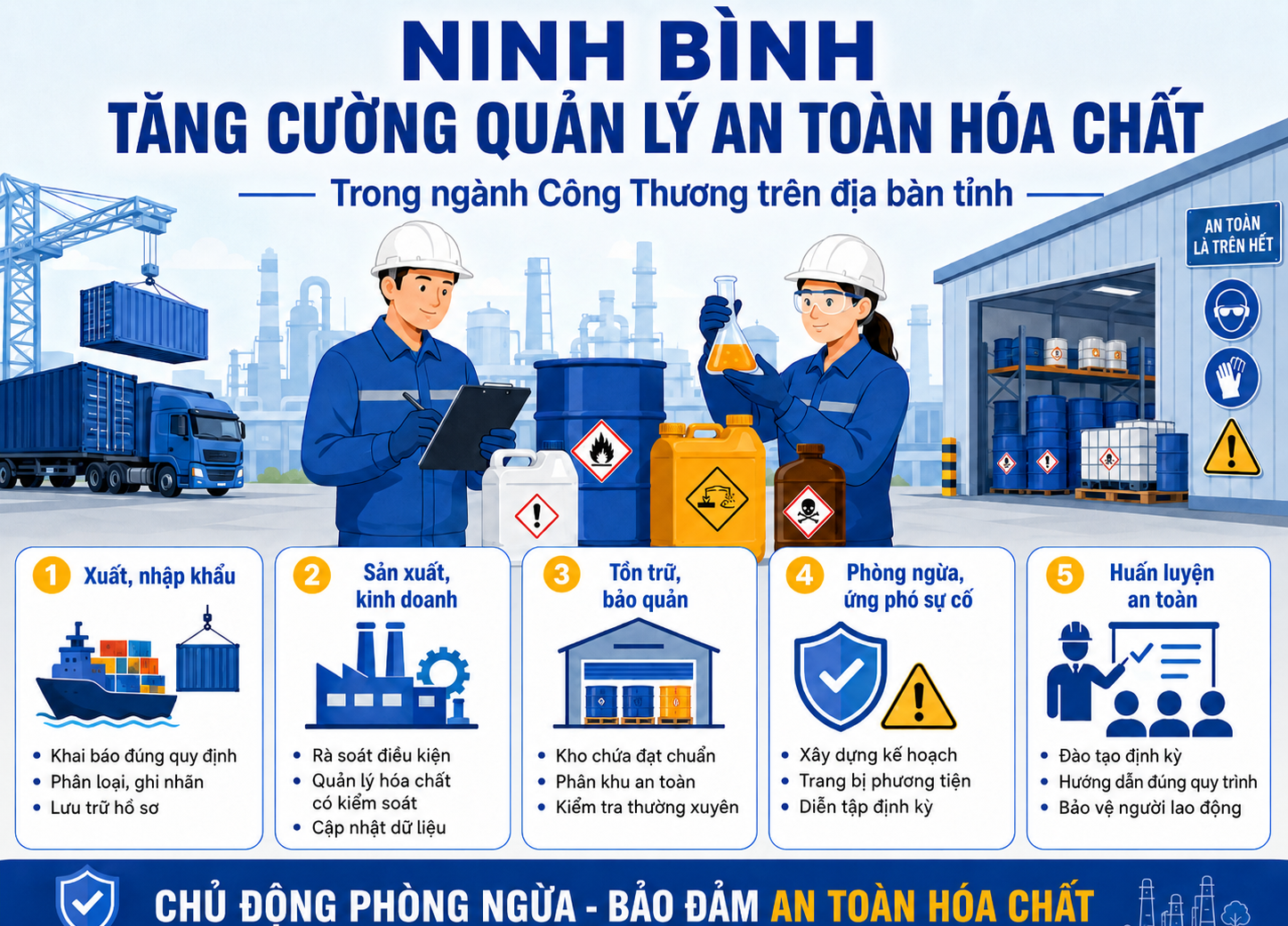 Nhằm n&acirc;ng cao hiệu quả quản l&yacute; nh&agrave; nước, bảo đảm an to&agrave;n trong hoạt động sản xuất, kinh doanh v&agrave; sử dụng h&oacute;a chất, Sở C&ocirc;ng Thương tỉnh Ninh B&igrave;nh vừa c&oacute; văn bản y&ecirc;u cầu c&aacute;c cơ sở h&oacute;a chất tr&ecirc;n địa b&agrave;n tỉnh nghi&ecirc;m t&uacute;c triển khai c&aacute;c quy định của Luật H&oacute;a chất năm 2025 v&agrave; c&aacute;c văn bản hướng dẫn thi h&agrave;nh.
